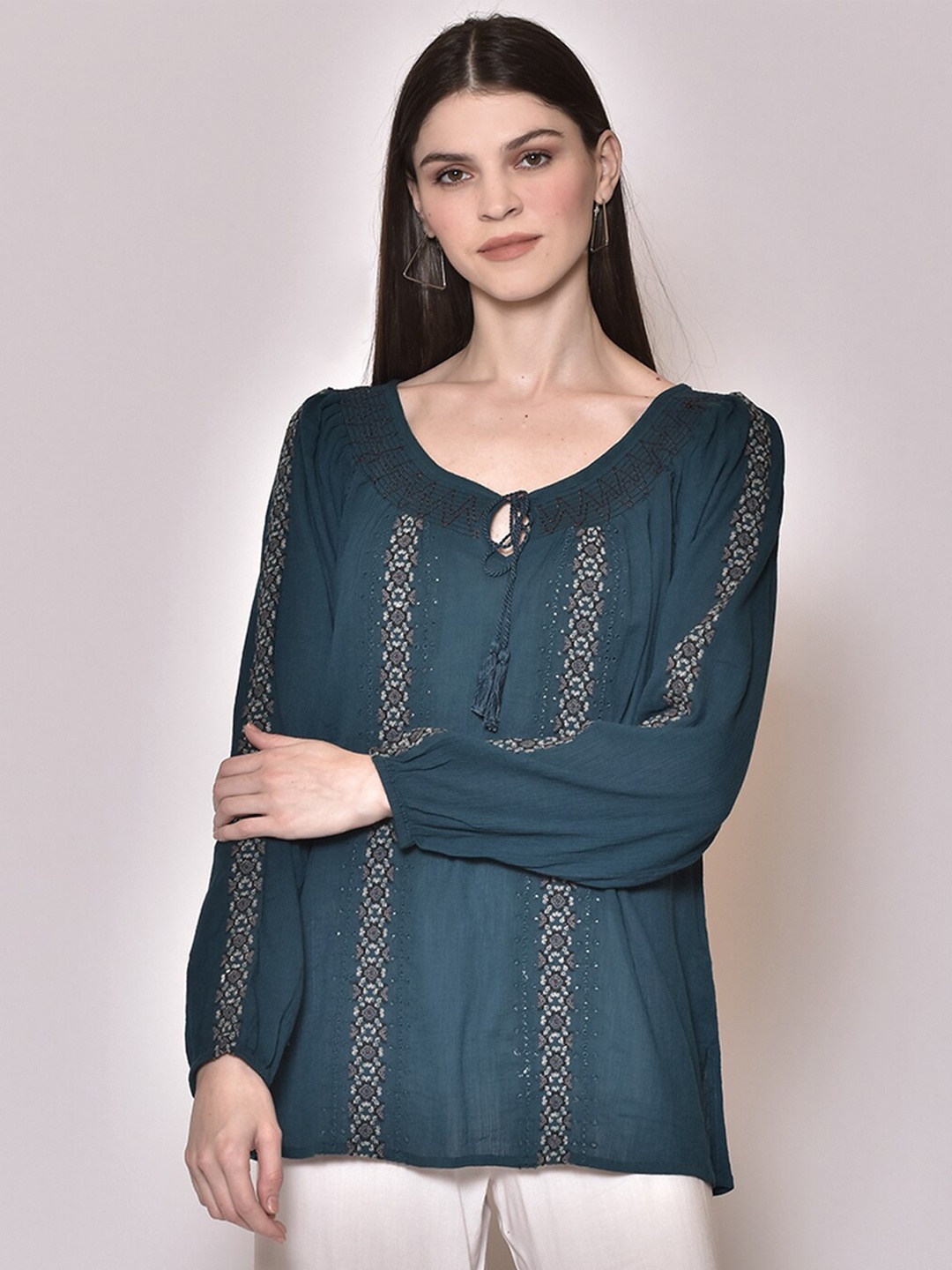 

250 DESIGNS Womens Green Tie-Up Neck Bohemian Top