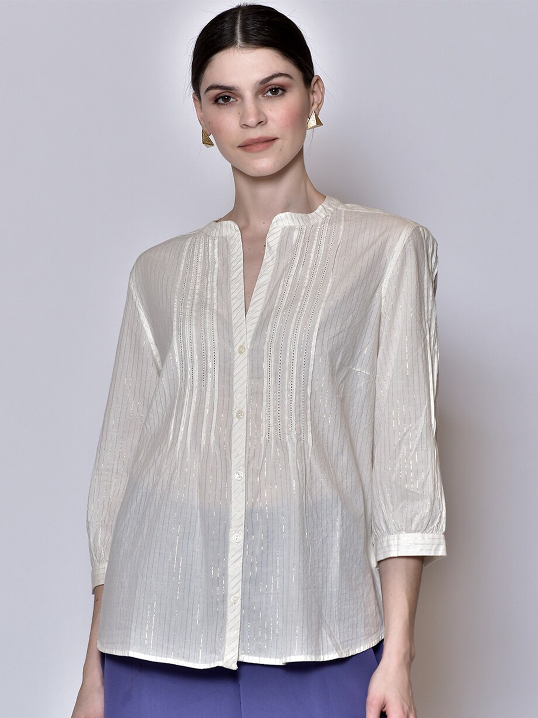 

250 DESIGNS Womens Beige Striped Mandarin Collar Sheer Shirt Style Top