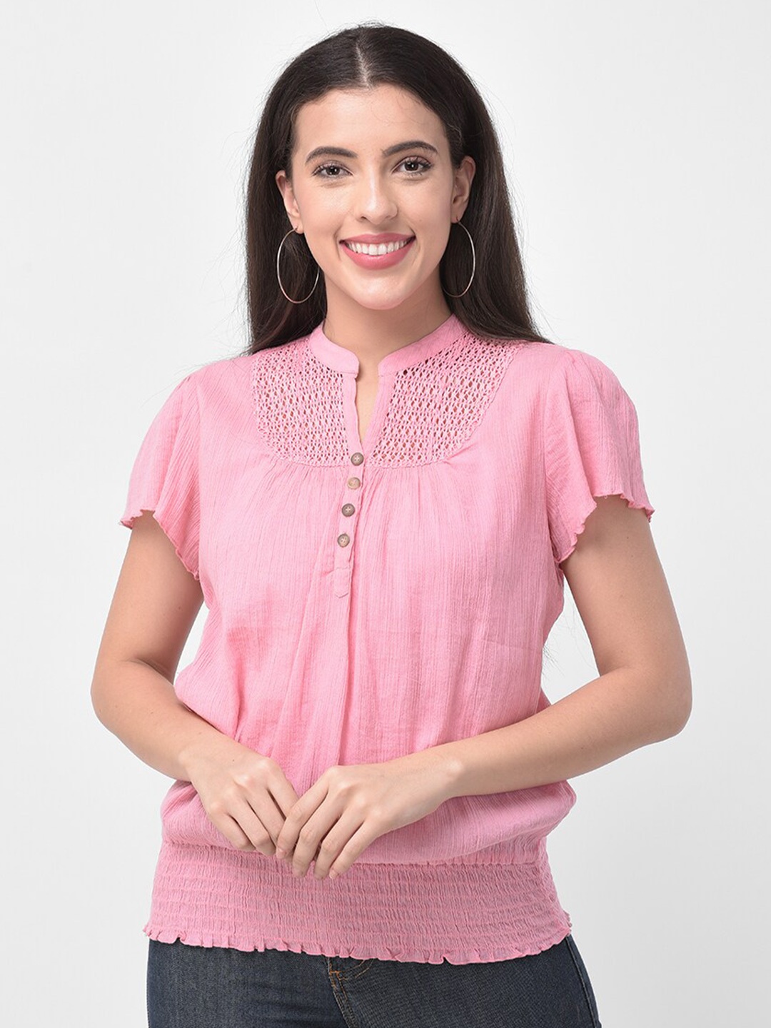

250 DESIGNS Pink Mandarin Collar Top