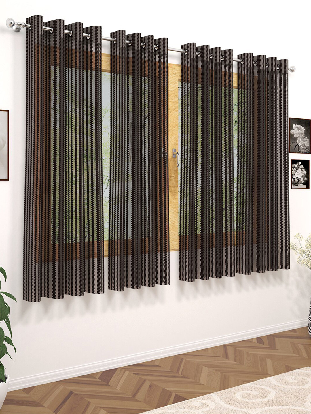 

Story@home Coffee Brown Set of 4 Striped Sheer Window Curtain
