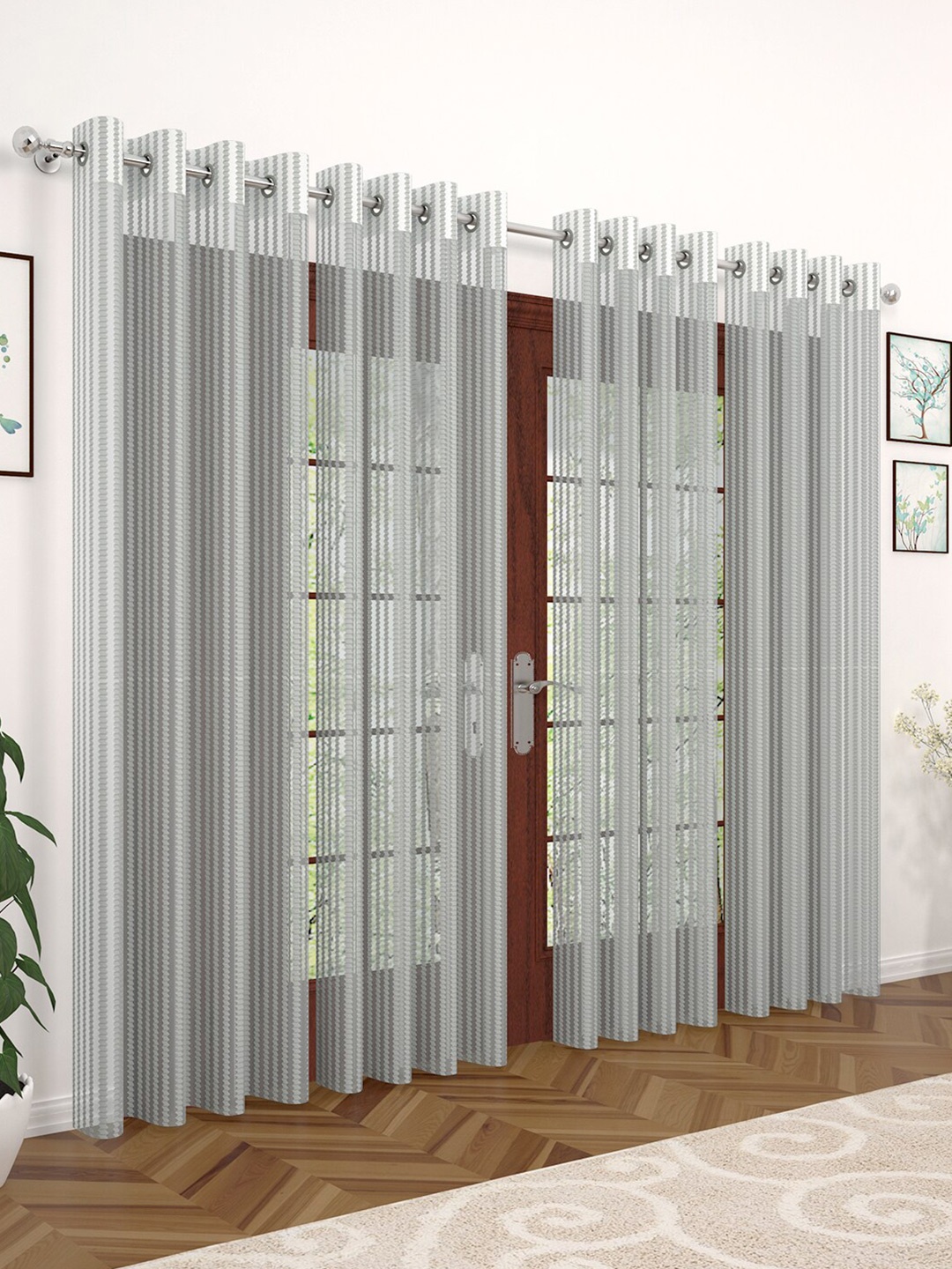 

Story@home Grey Set of 4 Striped Sheer Door Curtain