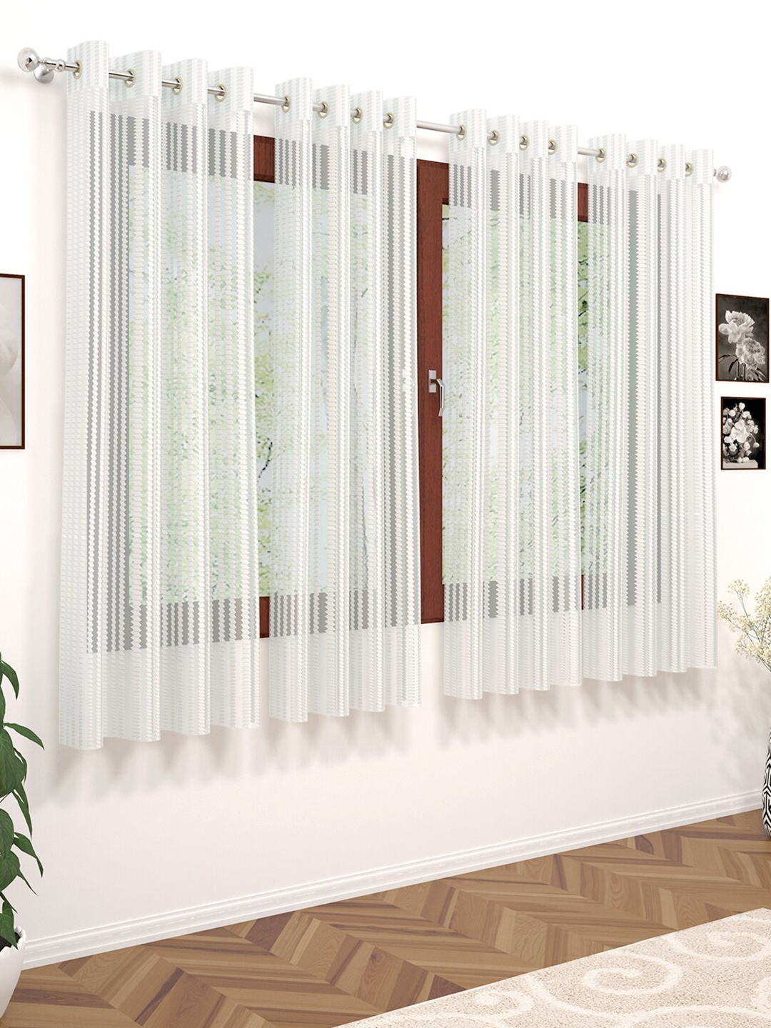 

Story@home White Set of 4 Striped Sheer Window Curtain