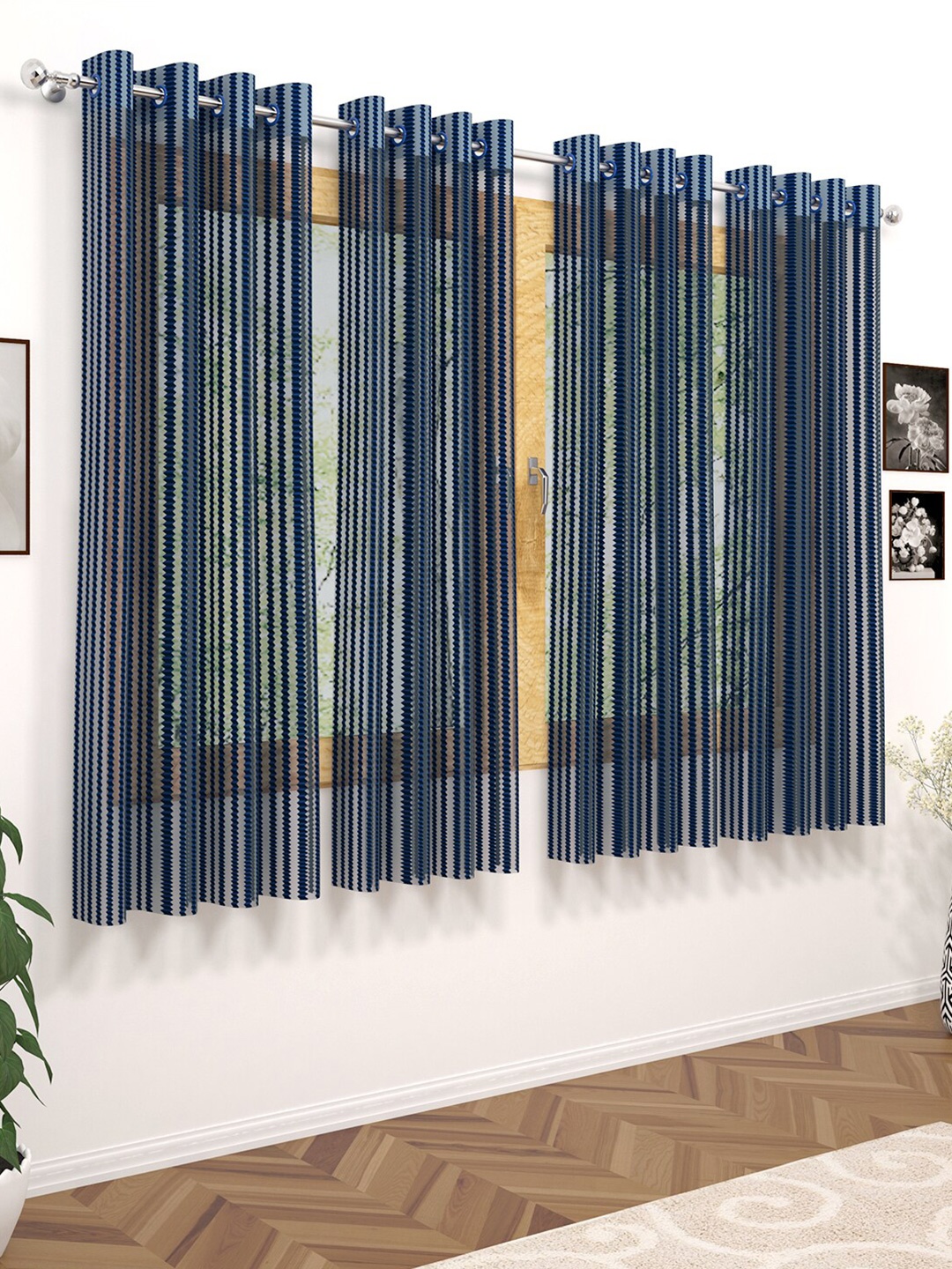 

Story@home Navy Blue Set of 4 Striped Sheer Window Curtain