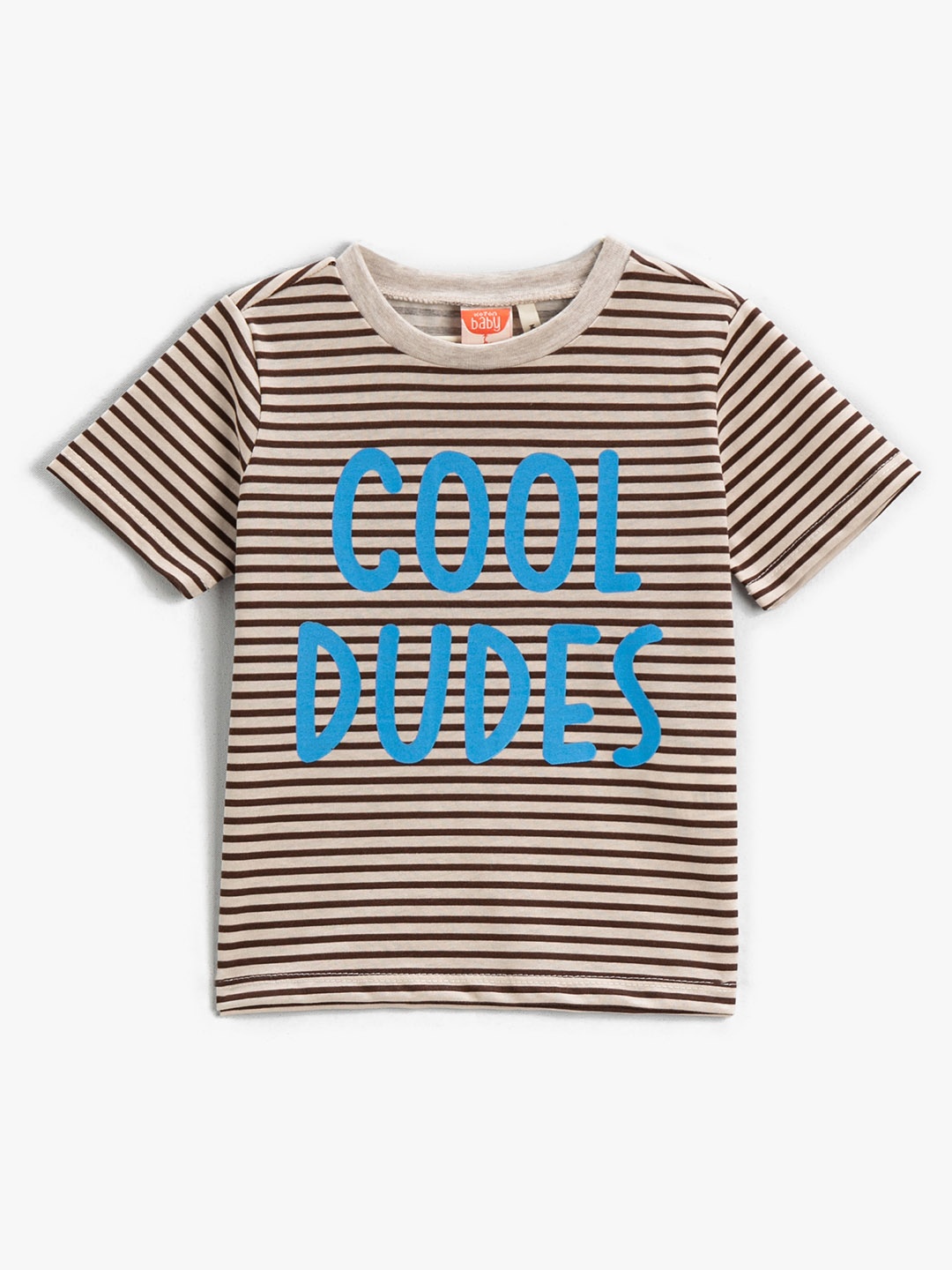 Koton Boys Beige & Blue Striped Pure Cotton T-shirt