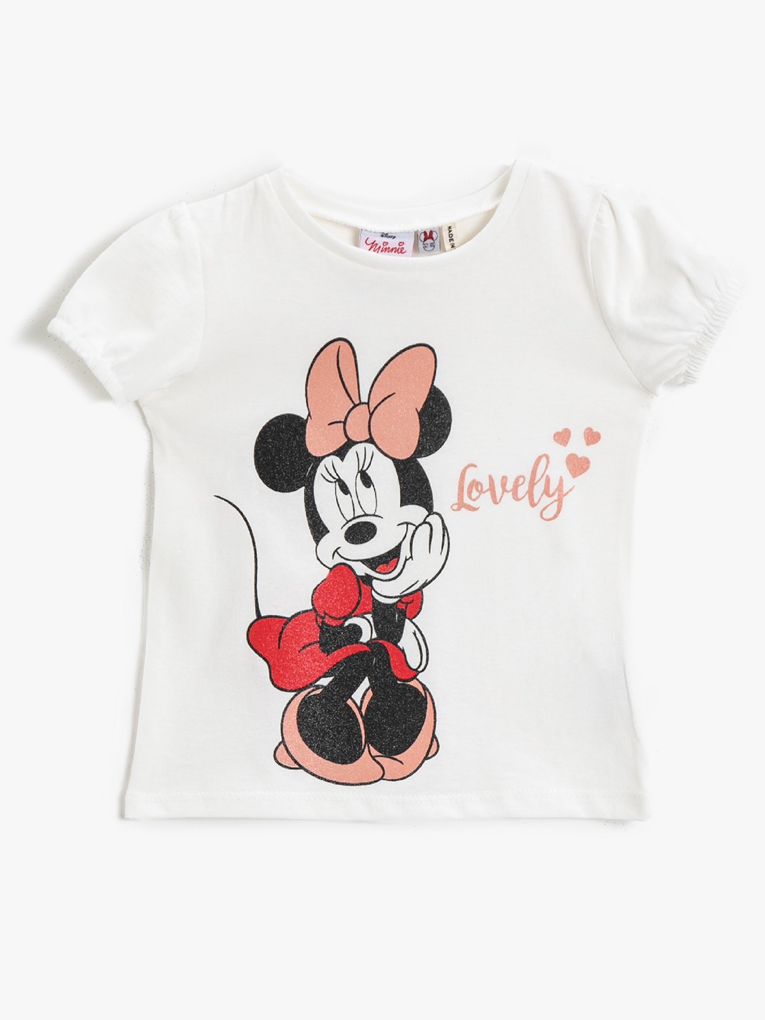 

Koton Girls White & Red Minnie Mouse Print Puff Sleeves Pure Cotton T-shirt