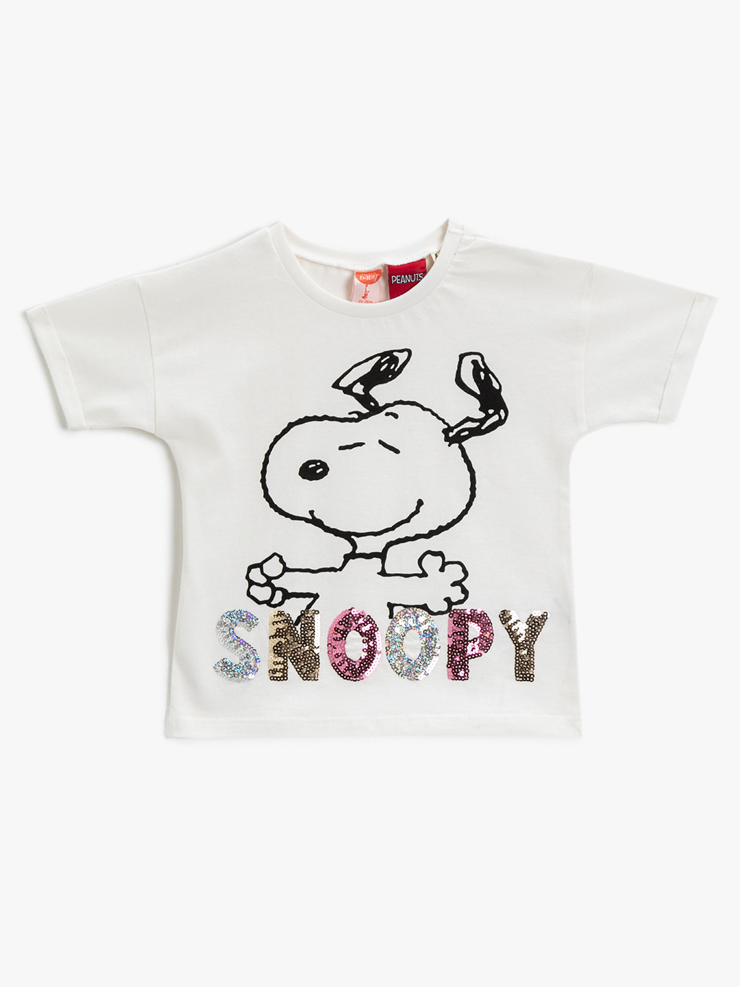 

Koton Girls White & Black Snoopy Printed Pure Cotton Sequin Embellished T-shirt