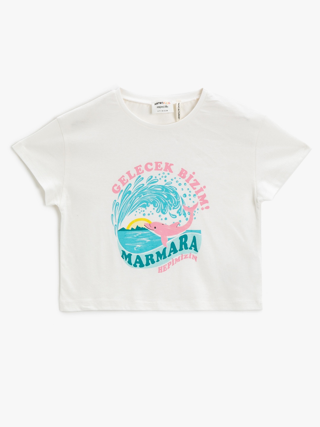 

Koton Girls White & Blue Graphic Printed Pure Cotton T-shirt