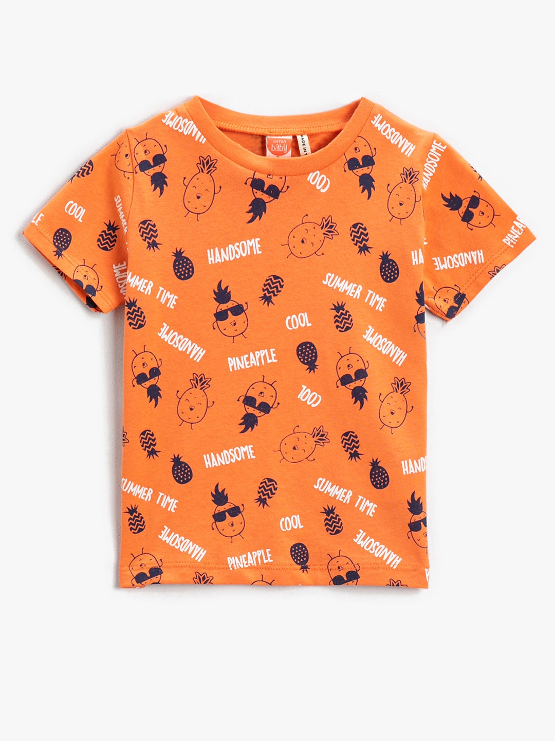 

Koton Boys Orange & Navy Blue Tropical Printed Pure Cotton T-shirt