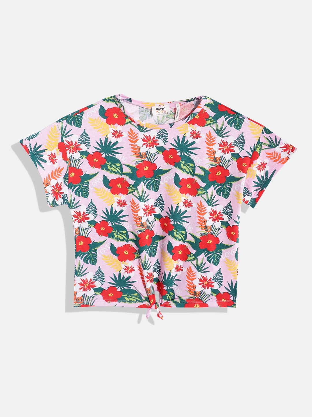 

Koton Girls Floral & Tropical Print Drop-Shoulder Sleeves Pure Cotton Tie-Up Top, Pink