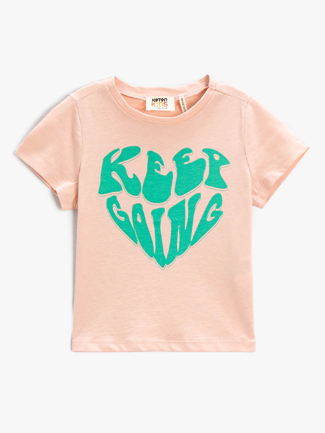 

Koton Girls Peach-Coloured & Green Pure Cotton Typography Printed T-shirt