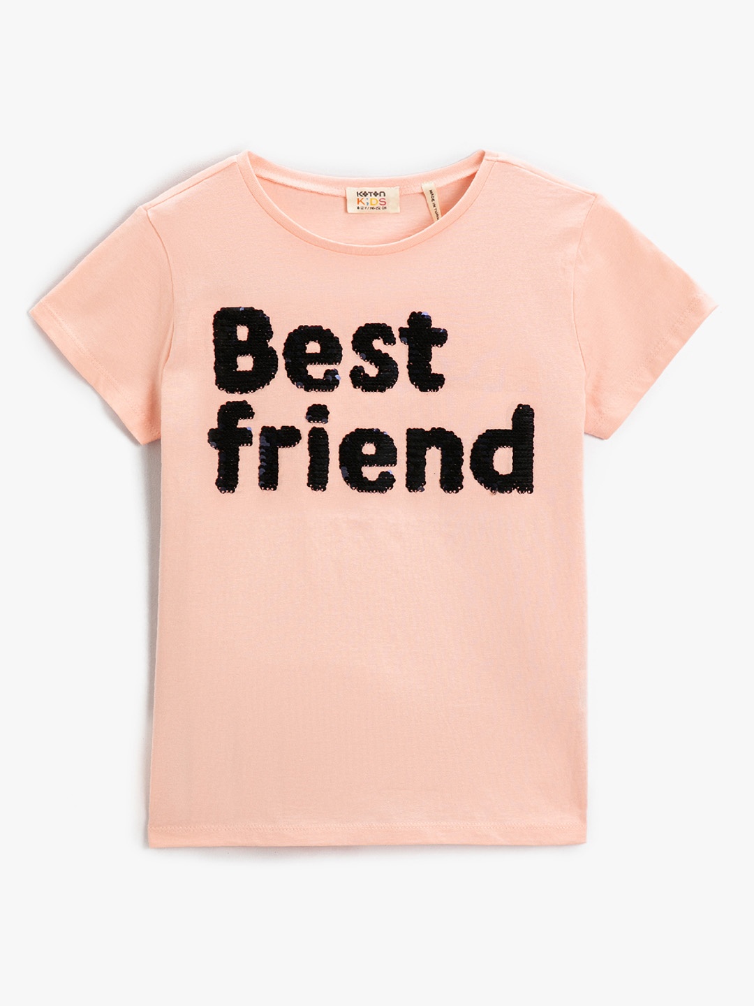 

Koton Girls Peach-Coloured & Navy Blue Flip Sequin Pure Cotton T-shirt