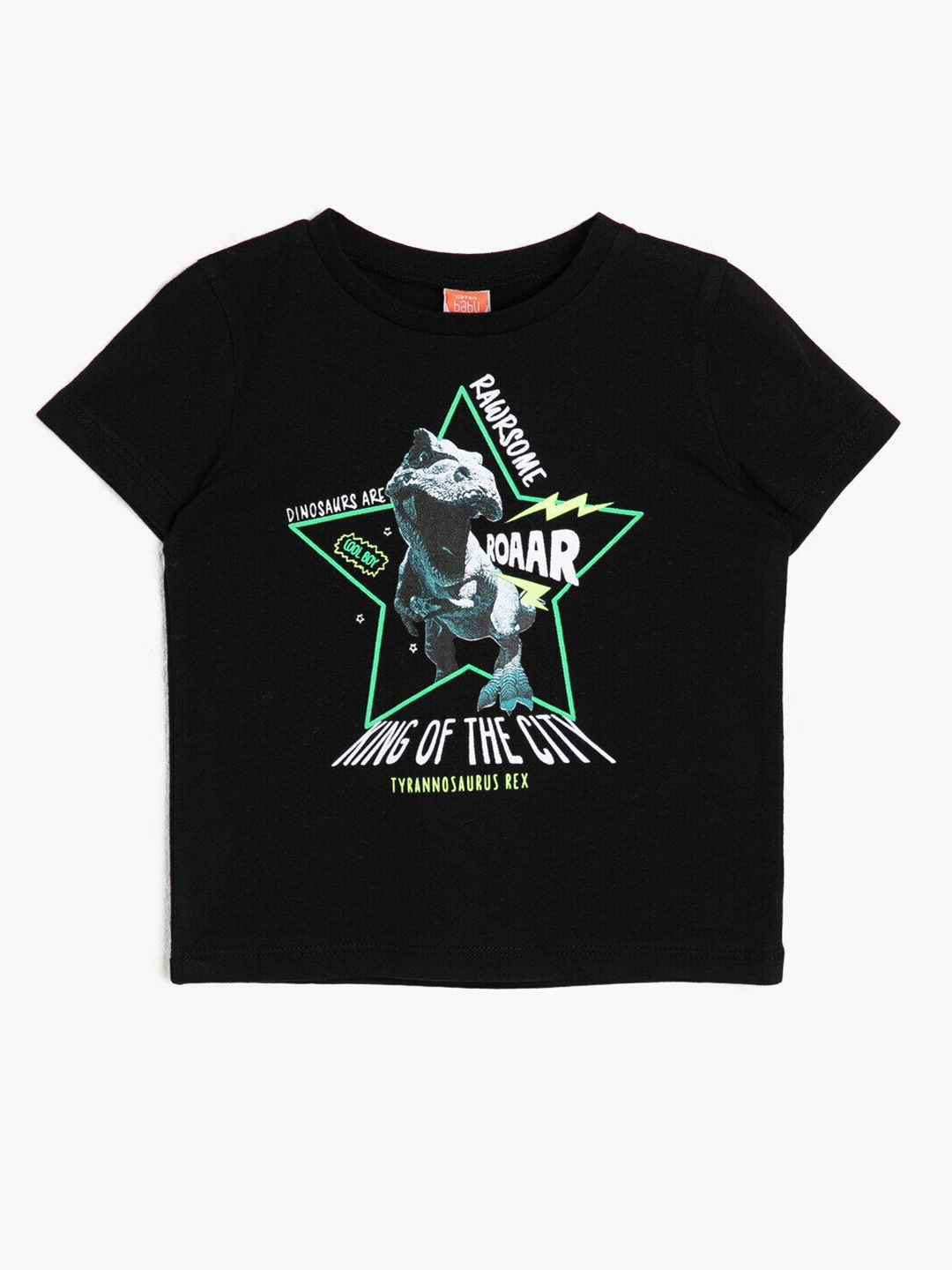 

Koton Boys Black & Green Dinosaur Print Pure Cotton T-shirt