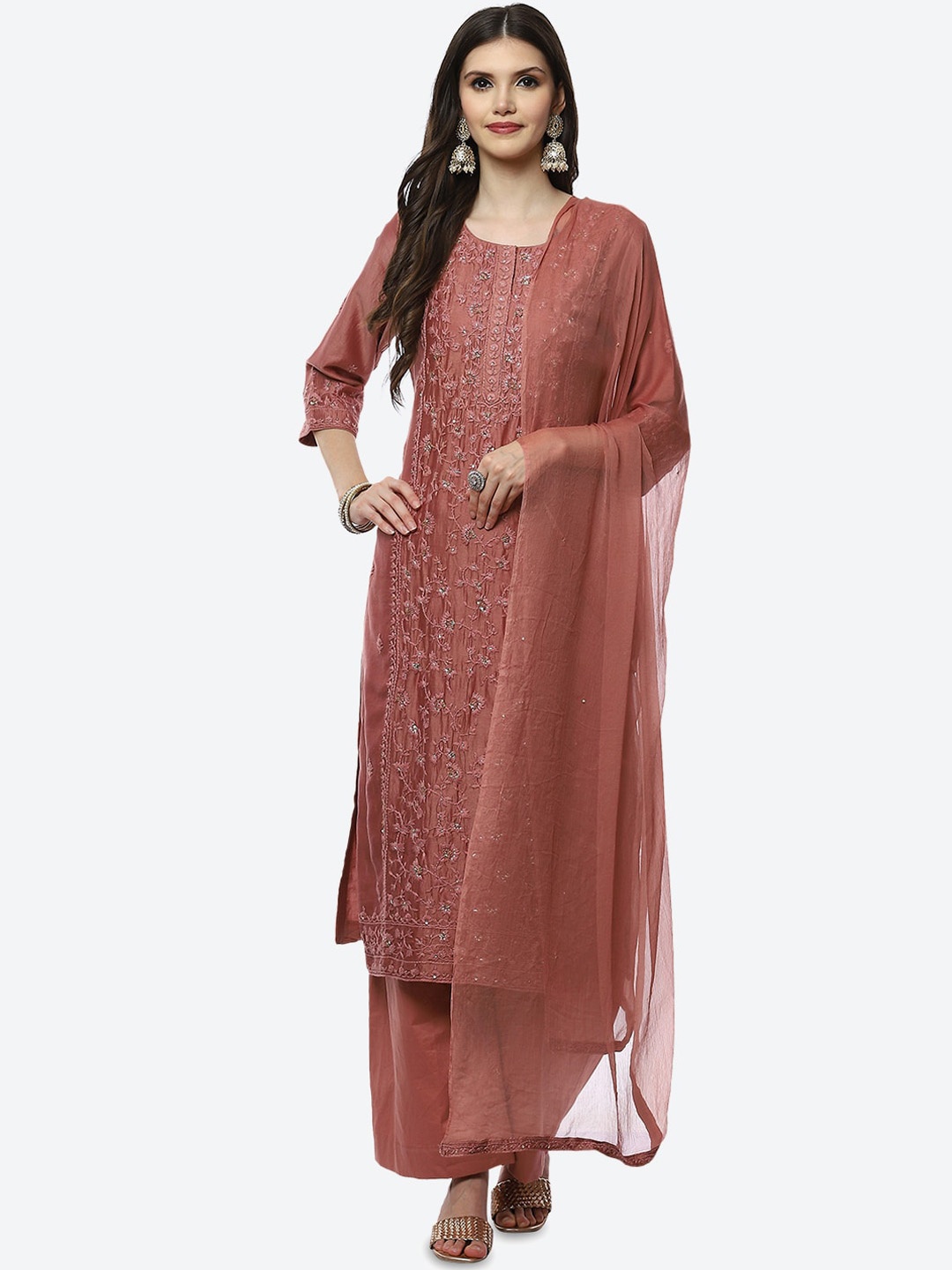 

Biba Women Peach-Coloured Floral Embroidered Kurta with Palazzos & With Dupatta