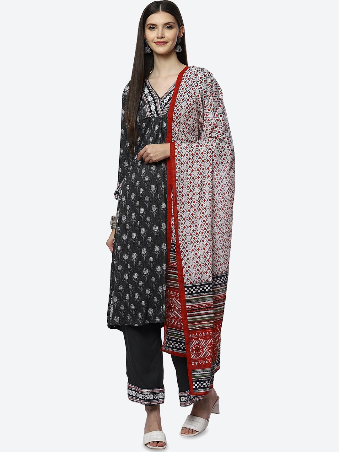 

Biba Women Black Ethnic Motifs Printed Panelled Kurti with Churidar & With Dupatta