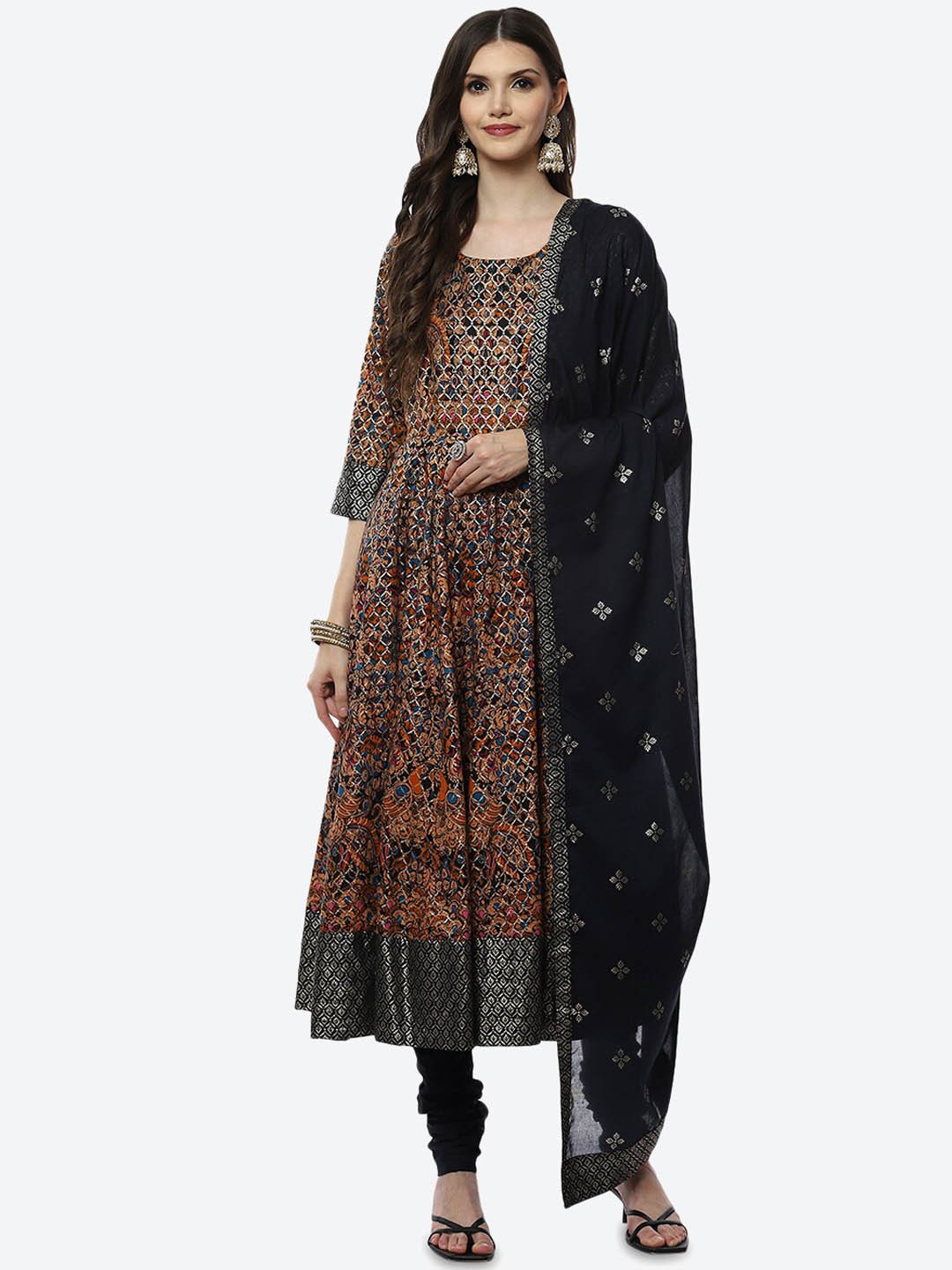 

Biba Women Black Ethnic Motifs Printed Kurti with Churidar & With Dupatta