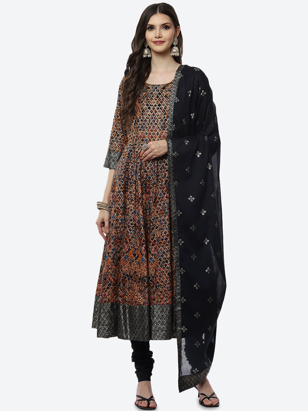 

Biba Women Black Ethnic Motifs Printed Kurta with Churidar & With Dupatta