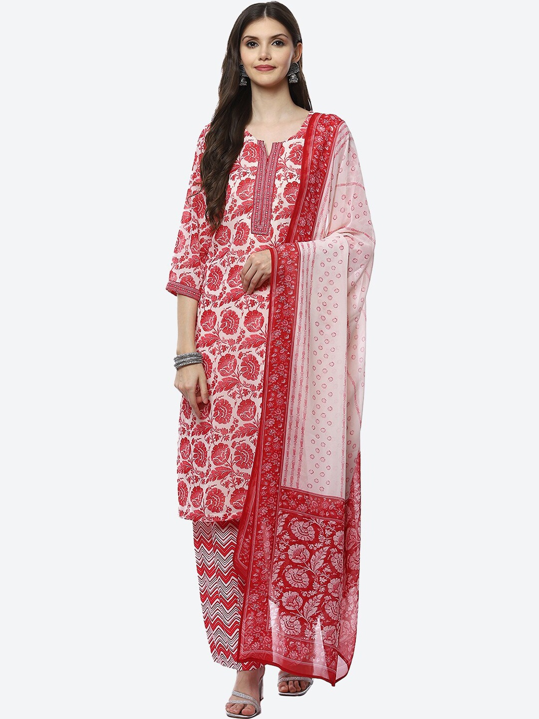 

Biba Women Red Floral Printed Kurta with Trousers & With Dupatta