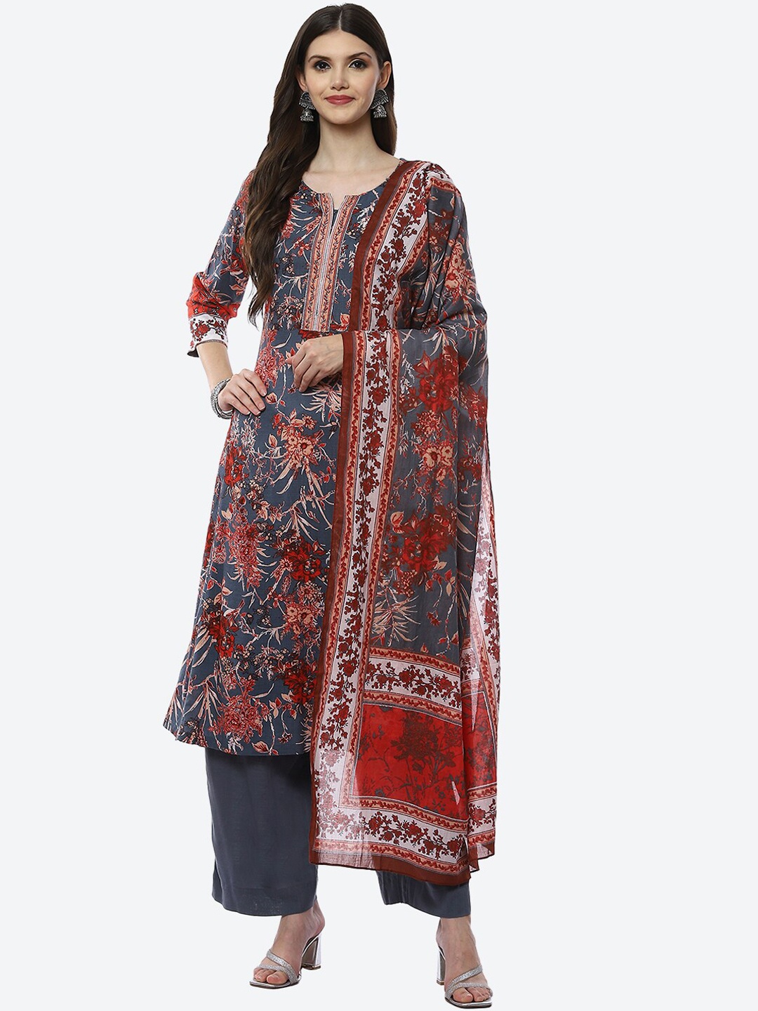

Biba Women Grey Floral Printed Kurta with Trousers & With Dupatta