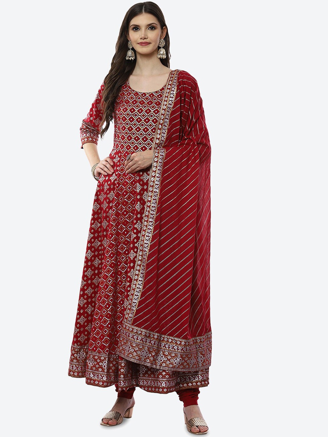 

Biba Women Red Ethnic Motifs Printed Panelled Kurta with Churidar & With Dupatta