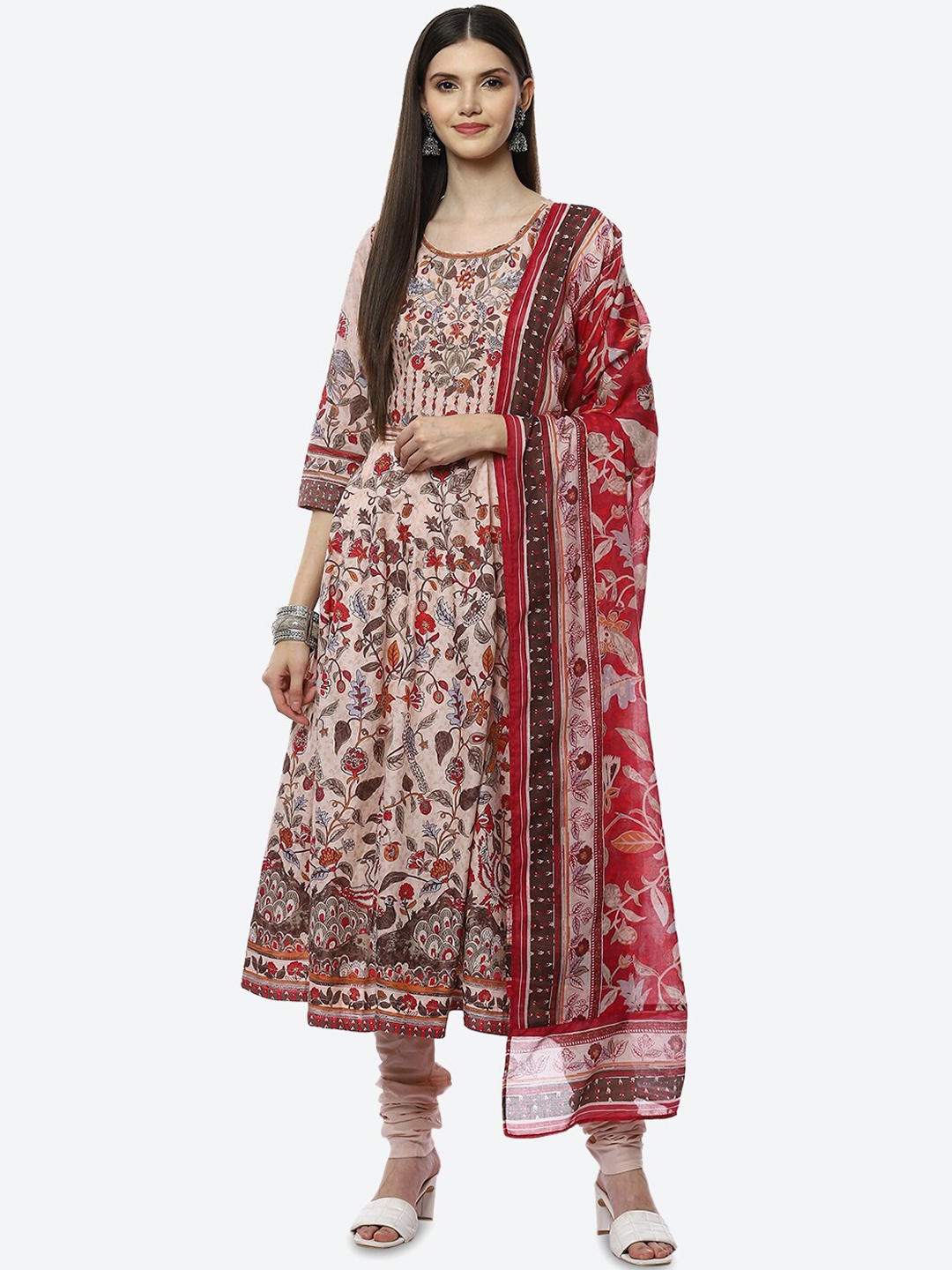 

Biba Women Beige Floral Printed Kurta with Churidar & With Dupatta