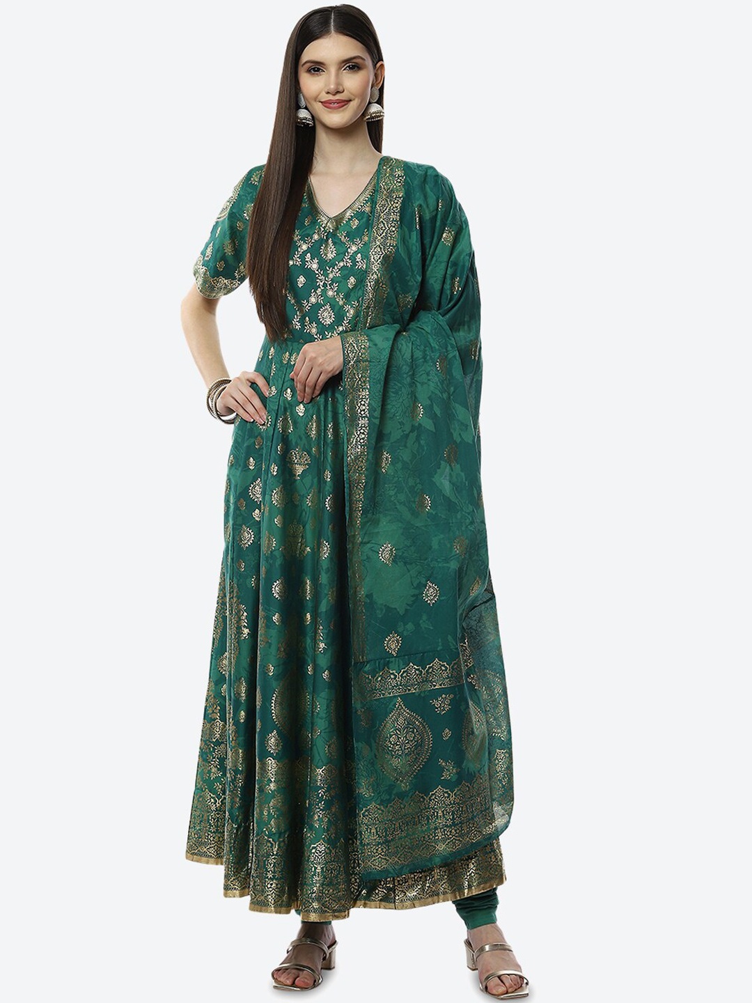 

Biba Women Green Embellished Empire Kurta with Churidar & With Dupatta