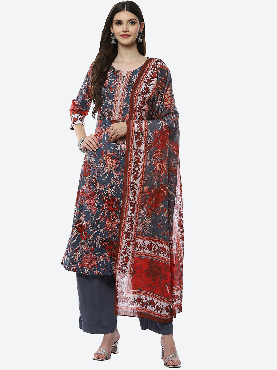 

Biba Women Grey Ethnic Motifs Printed Kurti with Trousers & With Dupatta