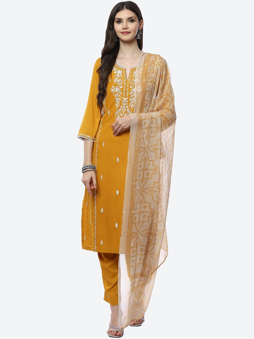 

Biba Women Yellow Embroidered Kurti With Trousers & Dupatta