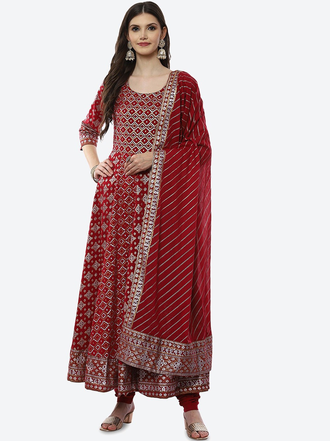 

Biba Women Red Ethnic Motifs Printed Kurta with Churidar & With Dupatta