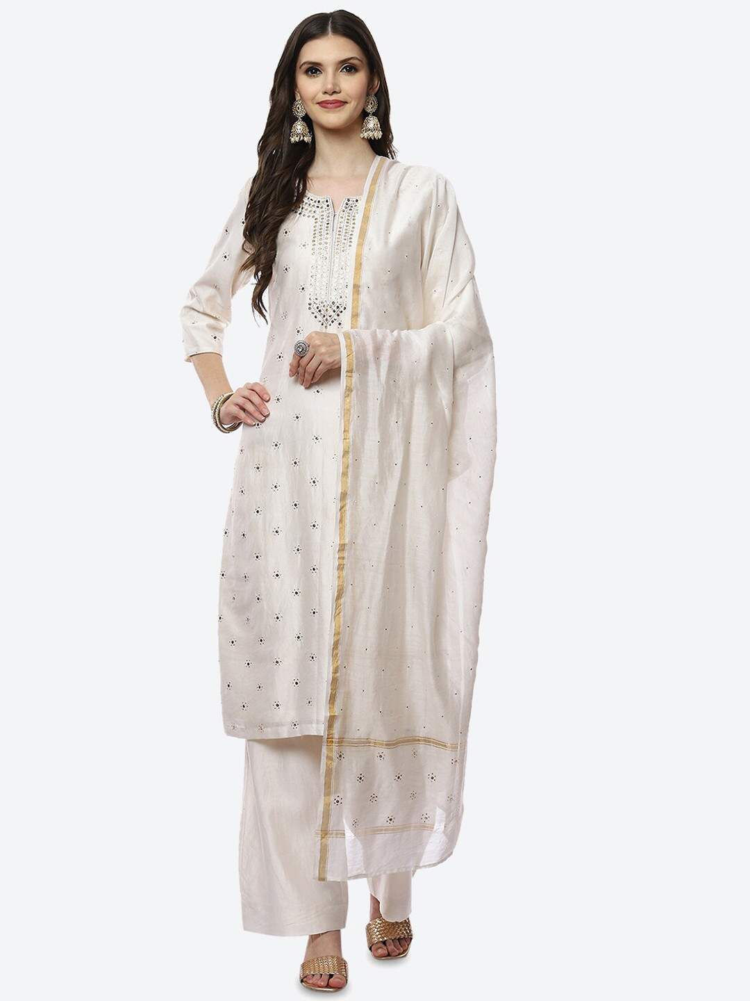 

Biba Women Off White Floral Printed Kurta with Palazzo & Dupatta