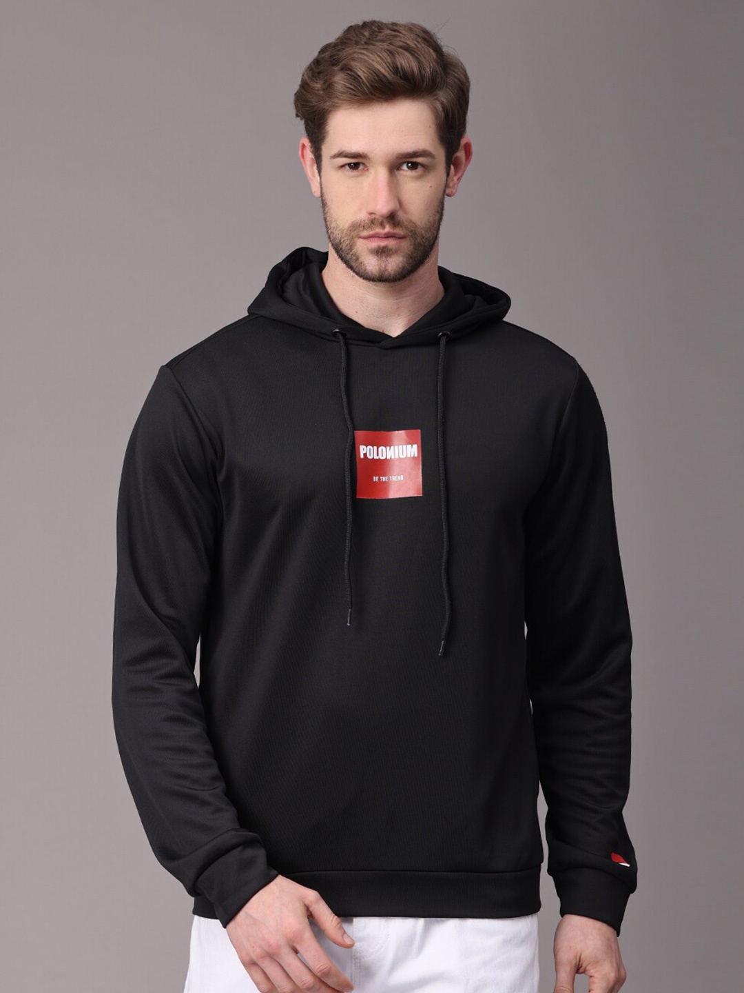 

POLONIUM Men Black Solid Hooded Sweatshirt