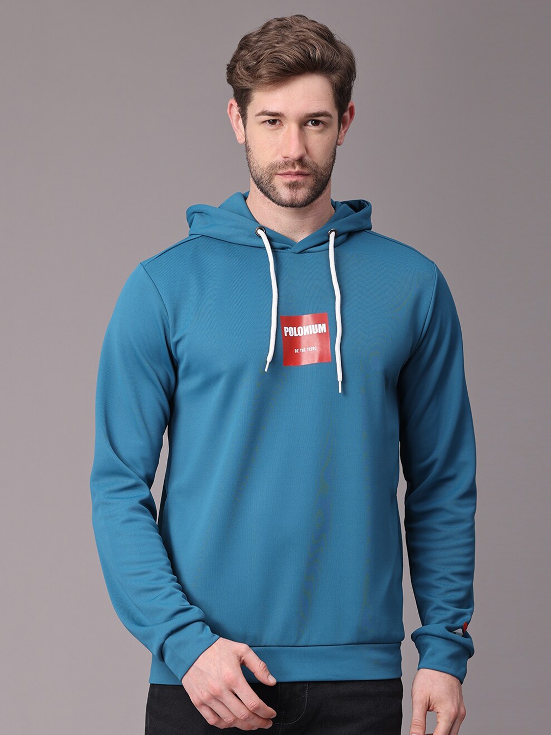 

POLONIUM Men Turquoise Blue Hooded Sweatshirt