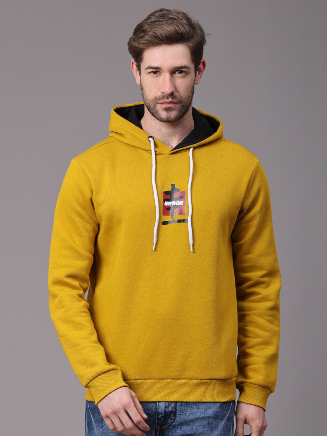 

POLONIUM Men Mustard Solid Hooded Sweatshirt