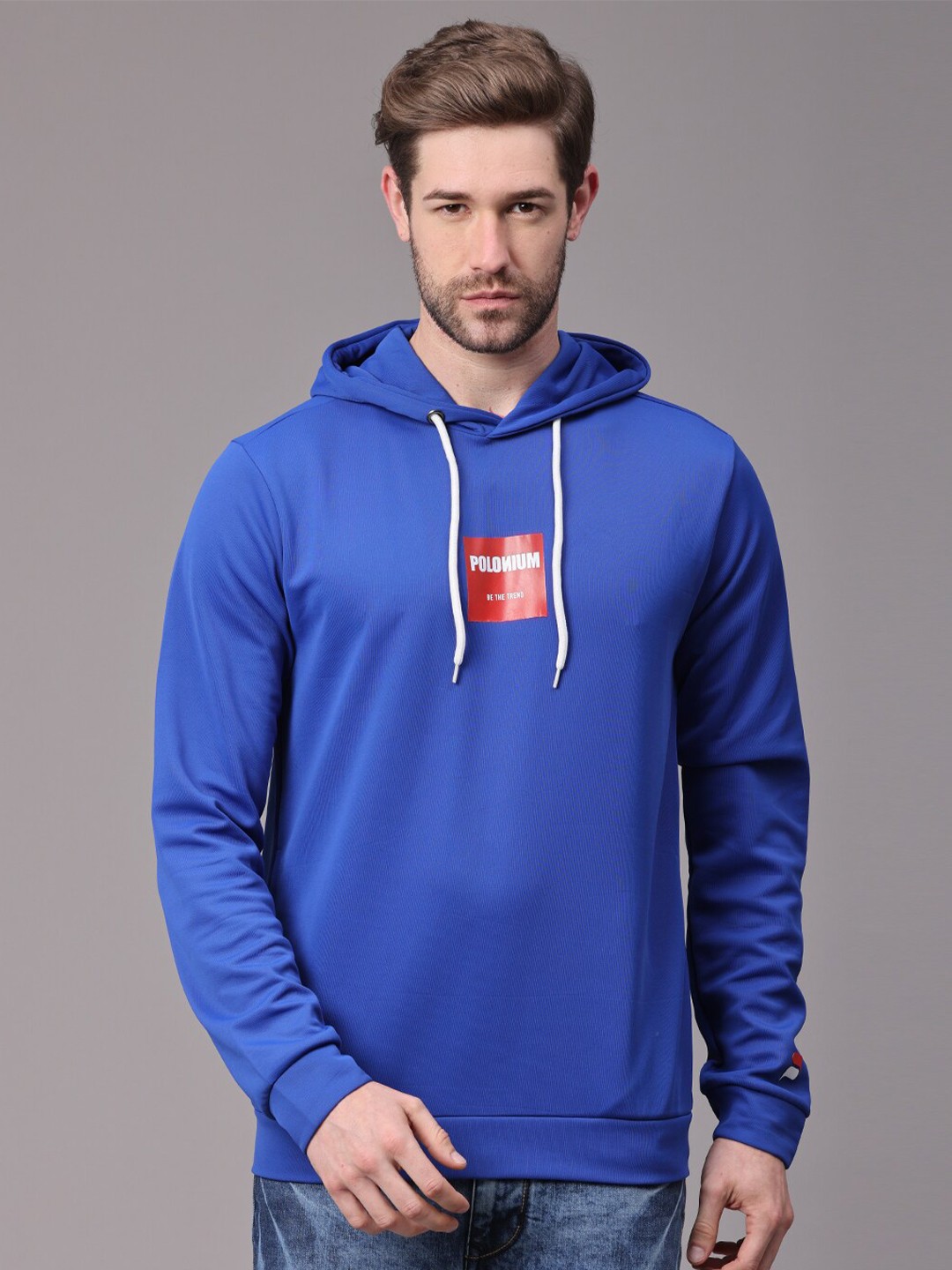 

POLONIUM Men Blue Hooded Polyester Sweatshirt