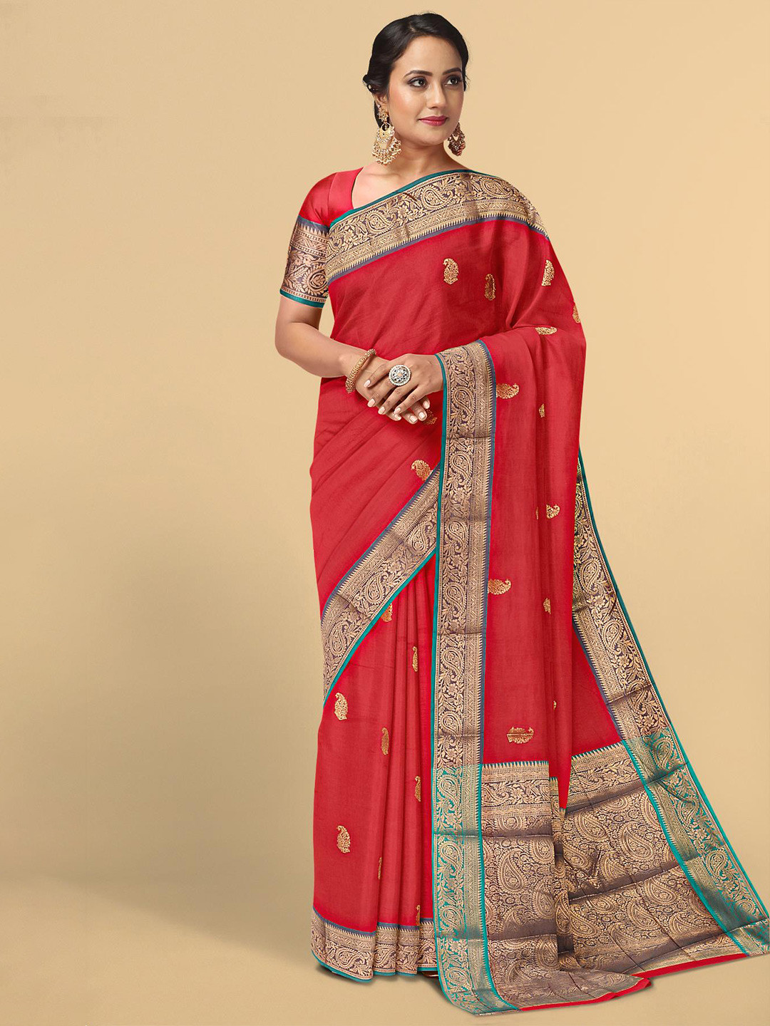

Kalamandir Red & Green Ethnic Motifs Zari Pashmina Saree