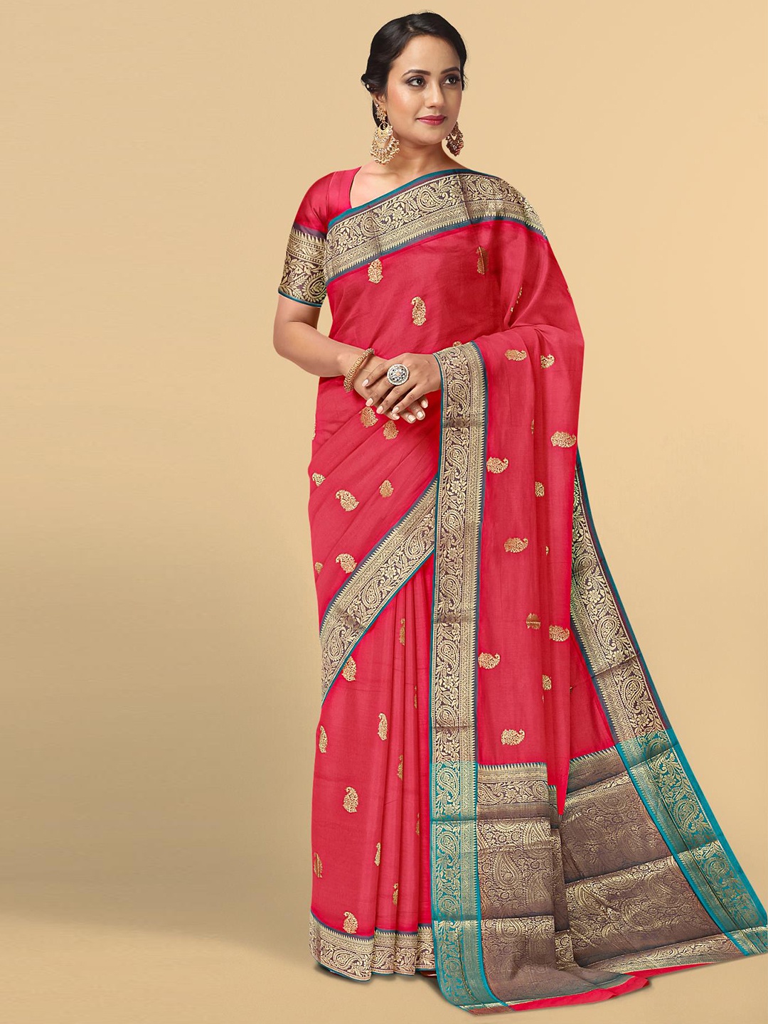 

Kalamandir Red & Gold-Toned Woven Design Paisley Print Zari Pashmina Saree