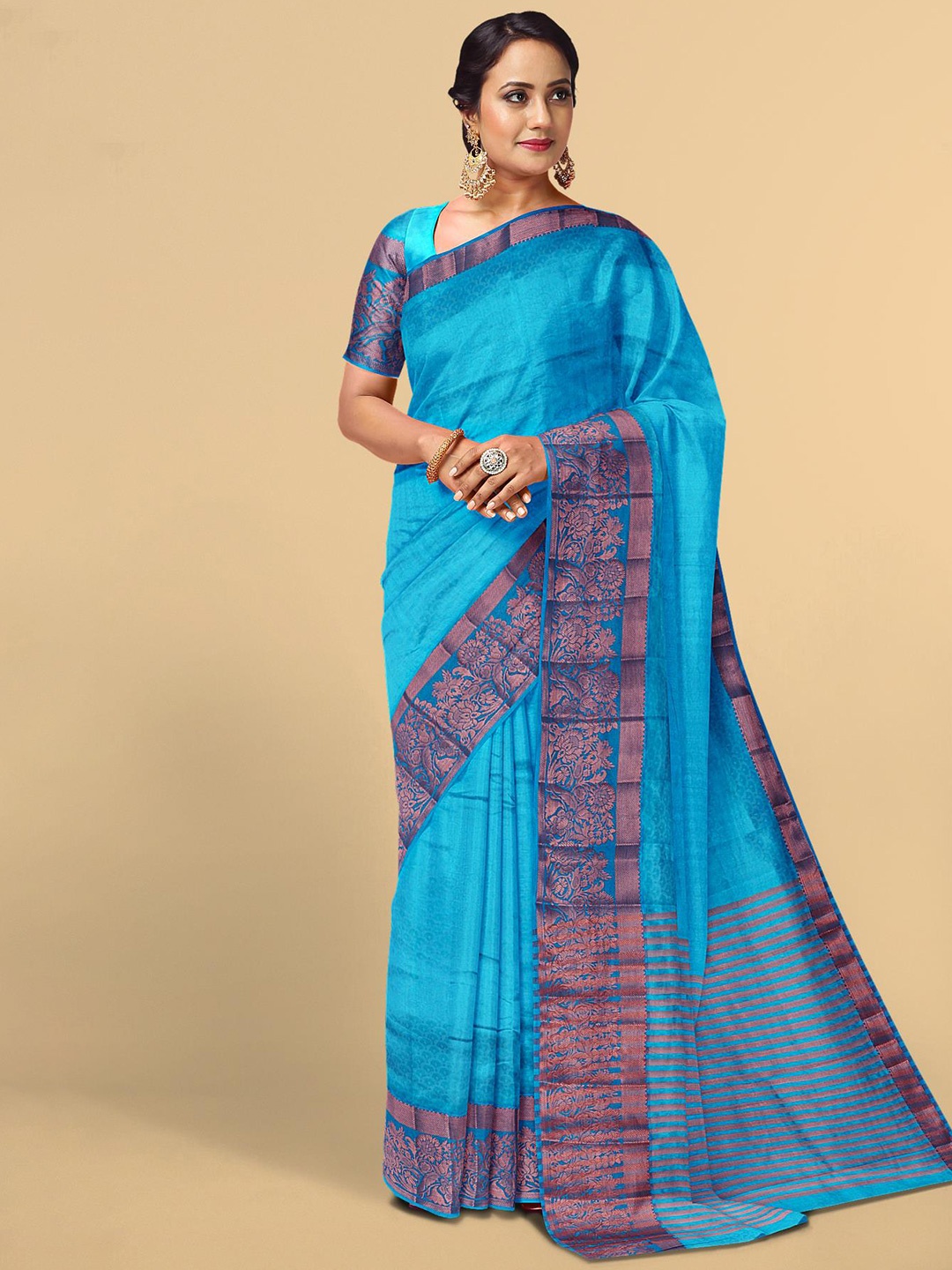 

Kalamandir Blue & Gold-Toned Woven Design Zari Silk Blend Saree