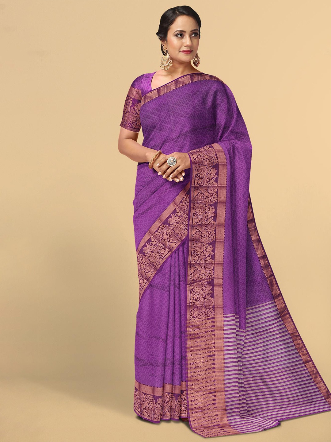 

Kalamandir Purple & Gold-Toned Woven Design Zari Silk Blend Saree