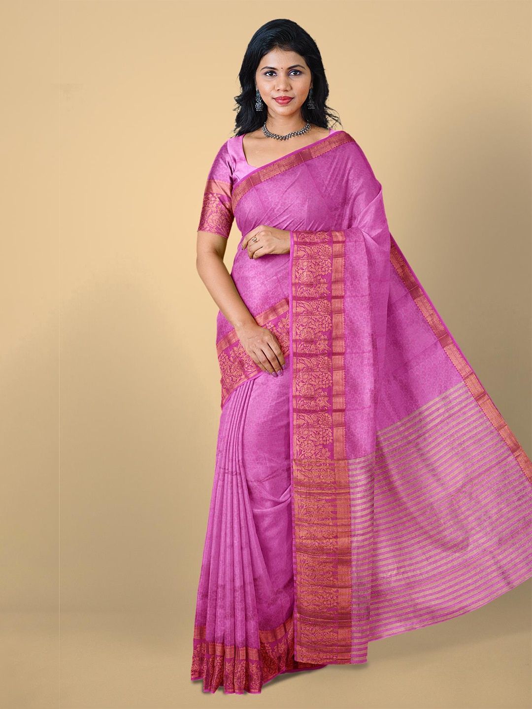 

Kalamandir Pink & Gold-Toned Woven Design Zari Silk Blend Saree