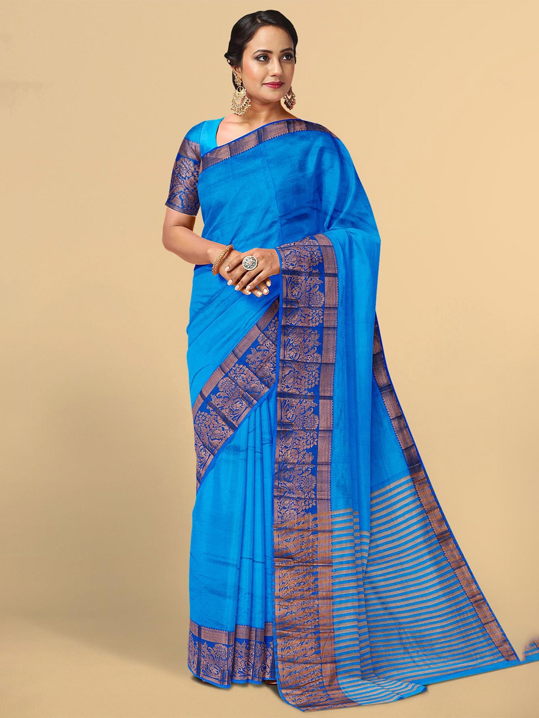 

Kalamandir Blue & Gold-Toned Zari Silk Blend Saree