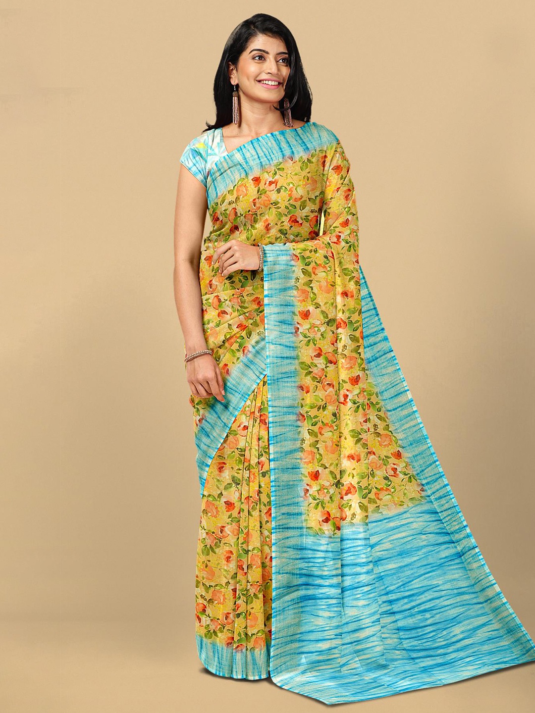 

Kalamandir Women Yellow & Blue Floral Print Linen Blend Saree