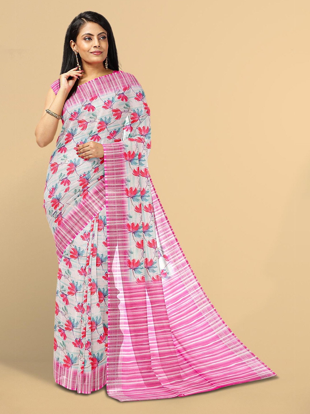 

Kalamandir Women Pink & White Floral Print Linen Blend Saree