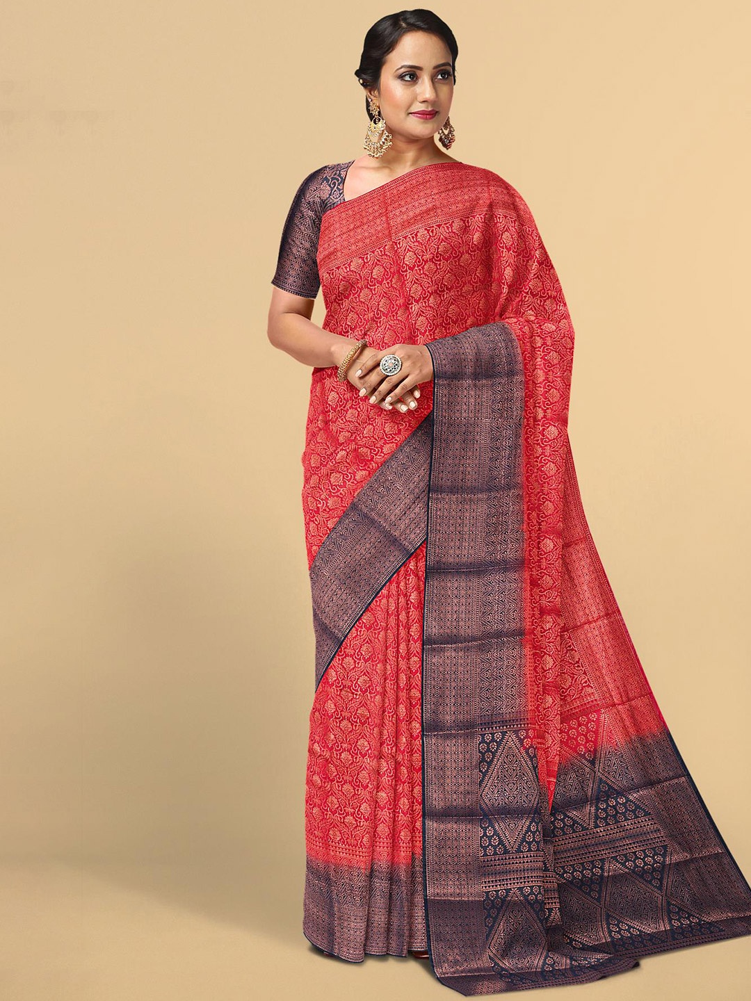 

Kalamandir Women Red & Navy Blue Woven Design Zari Silk Blend Saree