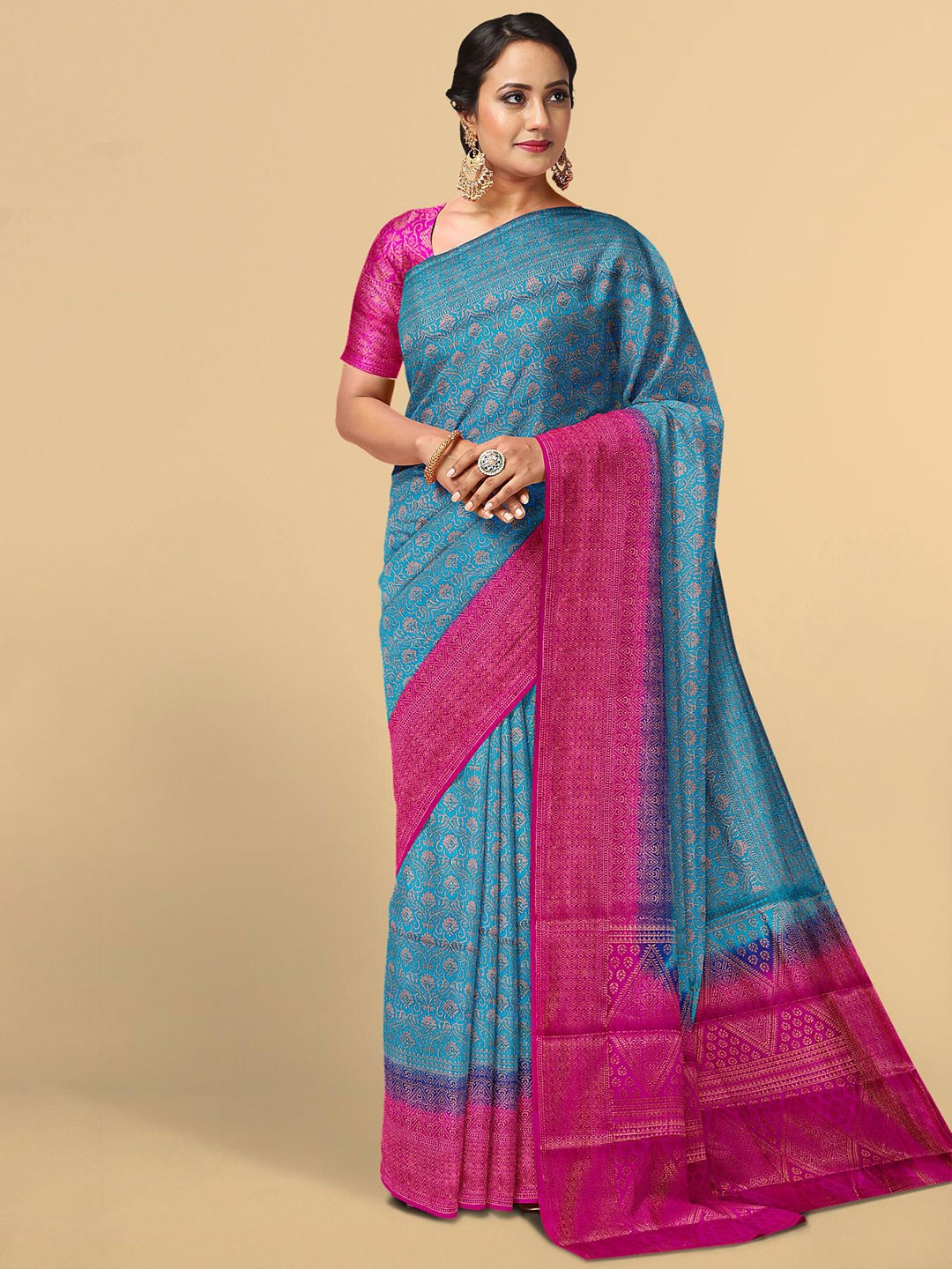 

Kalamandir Women Blue & Pink Woven Design Silk Blend Saree