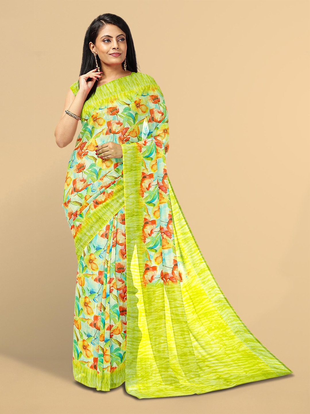 

Kalamandir Women Green & Blue Floral Print Linen Blend Saree