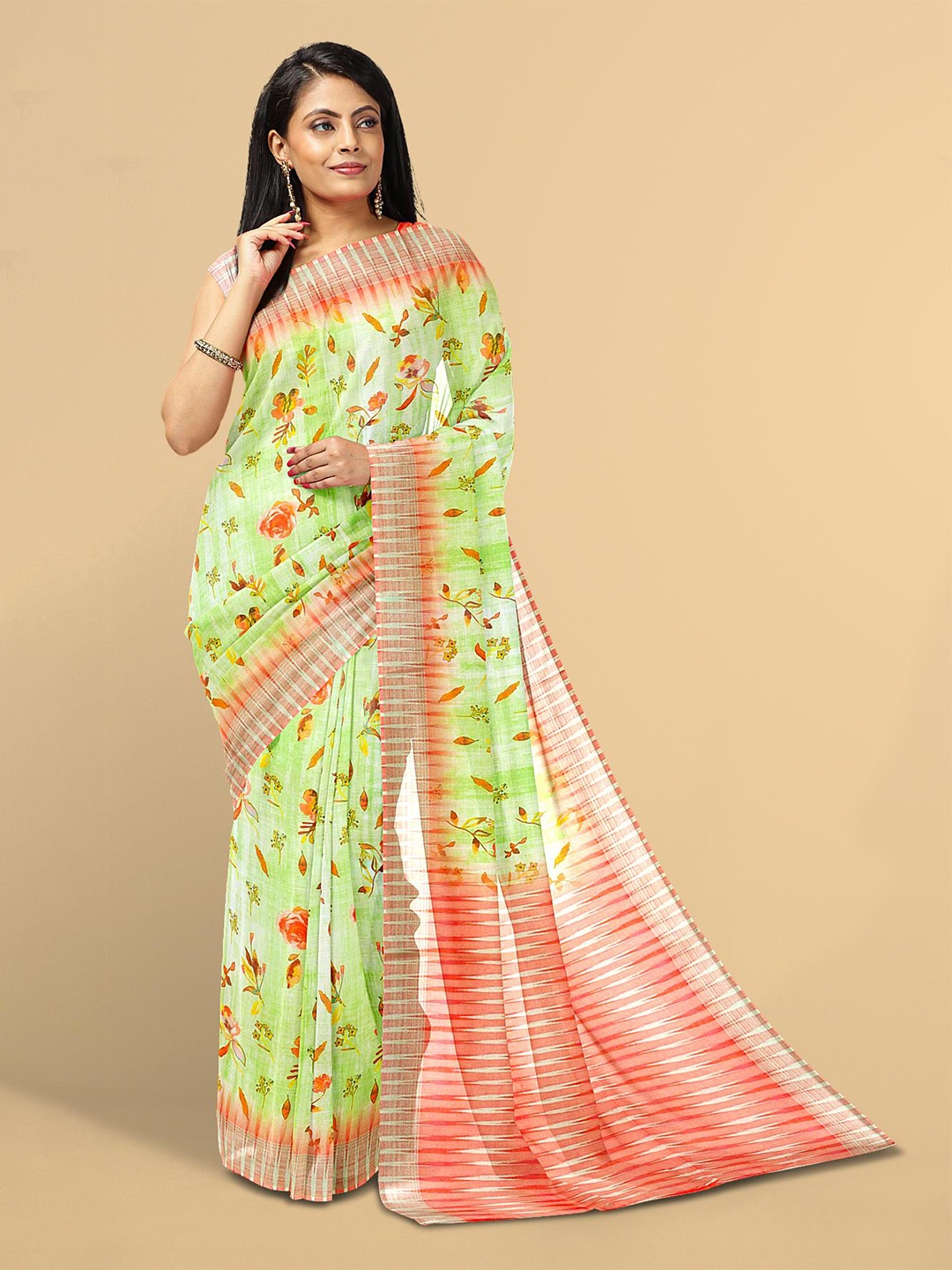 

Kalamandir Women Green & Pink Floral Print Linen Blend Saree