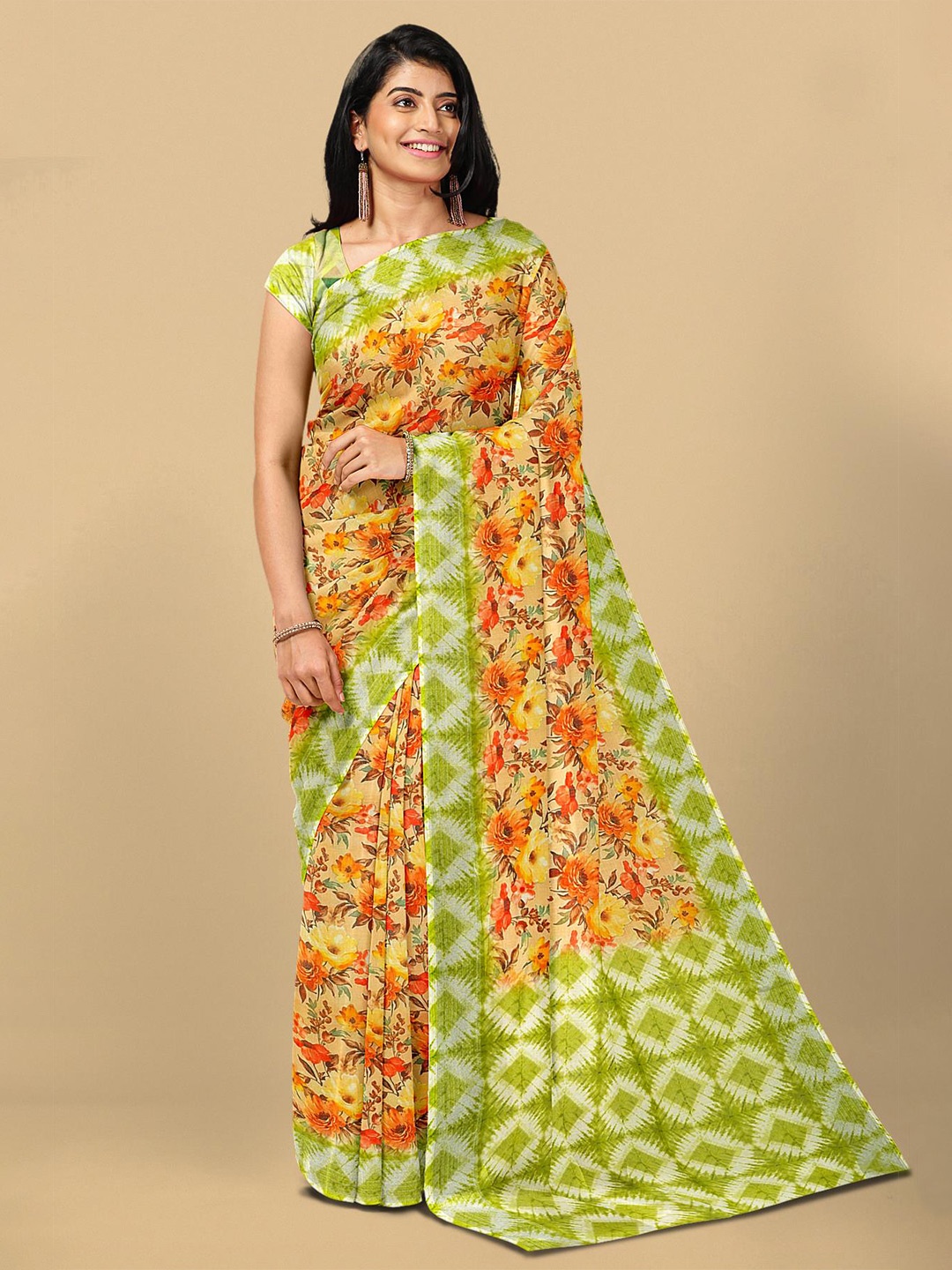 

Kalamandir Women Yellow & Green Floral Print Linen Blend Saree