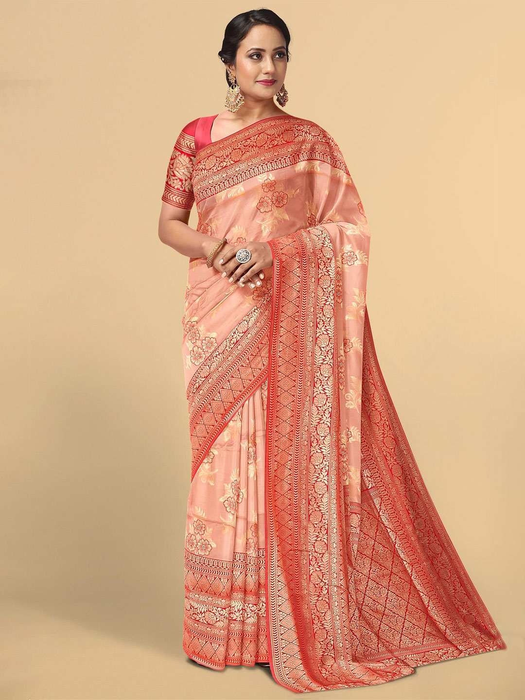 

Kalamandir Women Peach-Coloured Floral Print Zari Silk Blend Saree