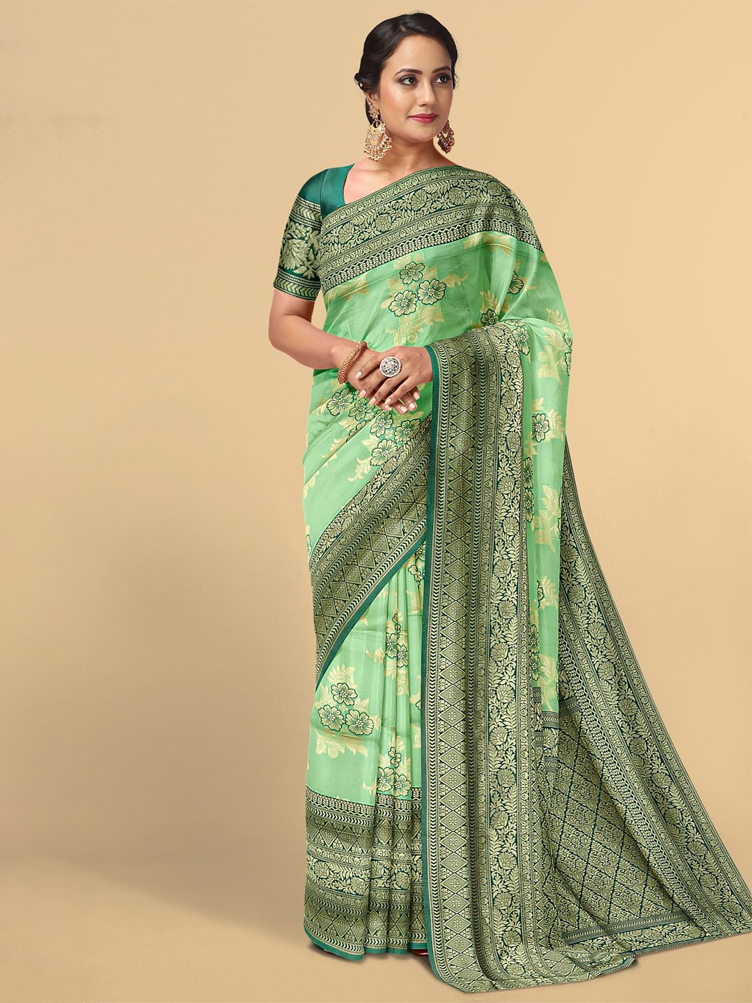 

Kalamandir Women Green & Gold-Toned Floral Print Zari Silk Blend Saree