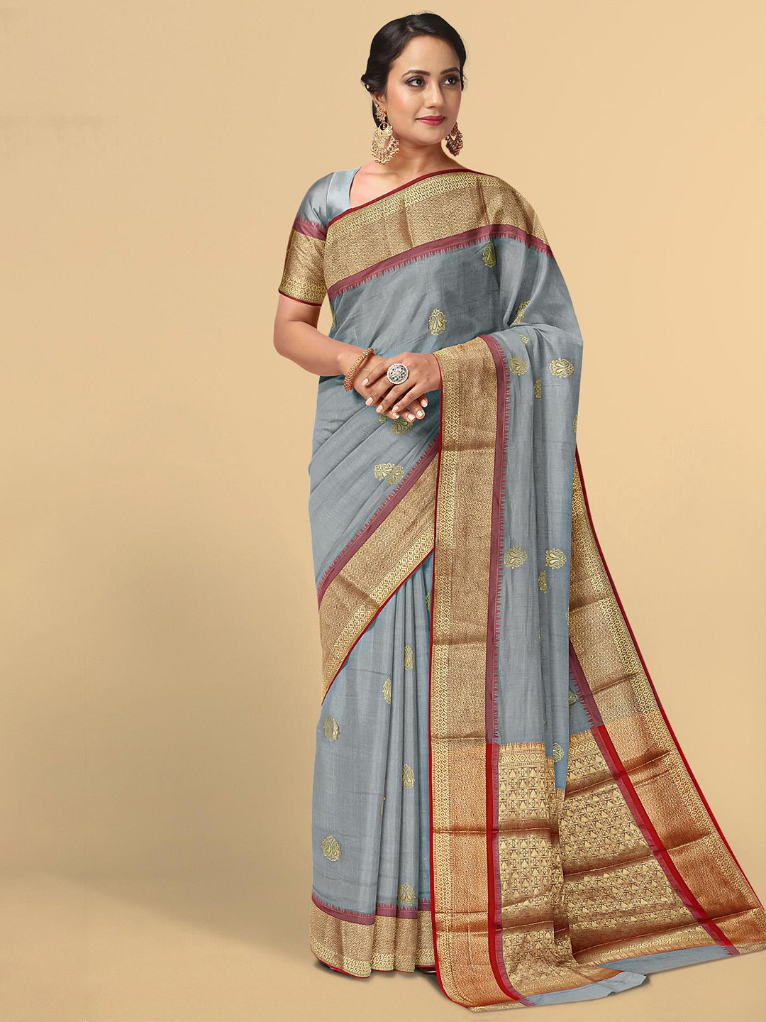 

Kalamandir Women Grey & Gold-Toned Ethnic Motifs Zari Pashmina Saree