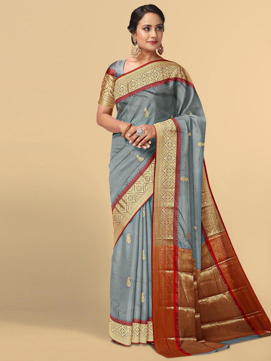 

Kalamandir Grey & Red Paisley Zari Saree